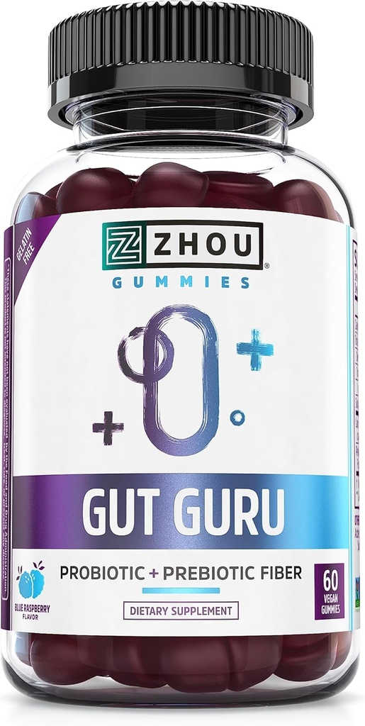 Zhou Gut Guru - Gut Health Gummies for Hombre and Women, Prebiotic and Probiotic Fiber Supplement for Digestion and Gut Health - 60 Vegan Gummies