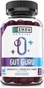 Zhou Gut Guru - Gut Health Gummies for Hombre and Women, Prebiotic and Probiotic Fiber Supplement for Digestion and Gut Health - 60 Vegan Gummies