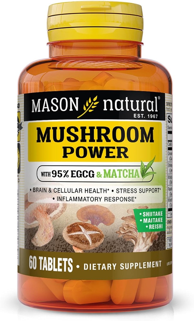 MASON NATURAL Mushroom Power con 95% EGCG y Matcha, Fórmula de base vegetal con Shiitake, Maitake, Reishi, 60 Tablets