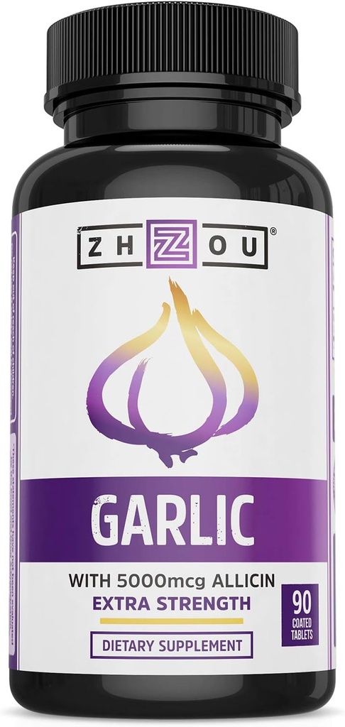 Zhou Garlic with Allicin - Garlic Supplements, Odorless Garlic Extract Pills for Men & Women, 5000 mcg Allicin Per Tablet for Immune & Heart Health - 90 Coated Tablets (Pack of 1)