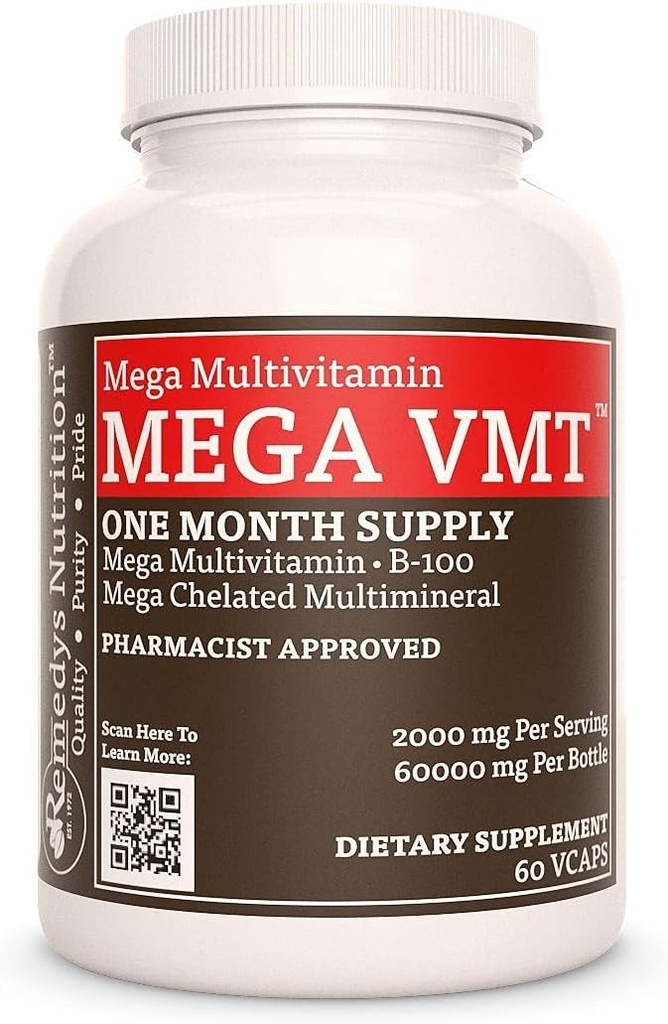 Nutrición de Remedy Mega VMT ← Daily Multivitamin  1,000 mg, 60 cápsulas veganas Suplemento dietético con hierbas vivir un mes de suministro