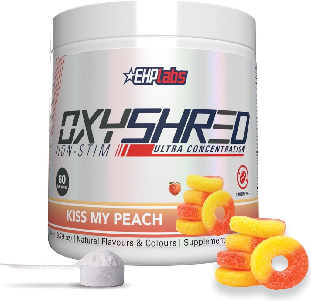 EHP Labs OxyShred Non Stimulant Pre Workout Powder - Estim Free Pre Workout, Caffeine Free Preworkout for Men &amp; Women with L Glutamine &amp; Acetyl L Carnitine - Peach, 60 Servings