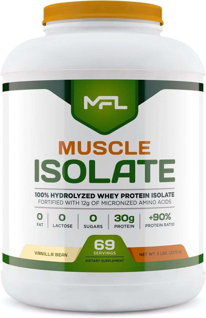 MFL 100% Isolate Protein l 30g de Protein l 12g Amino Acids l Keto Friendly l Low Carbs l 5 lbs. (Vanilla Bean)