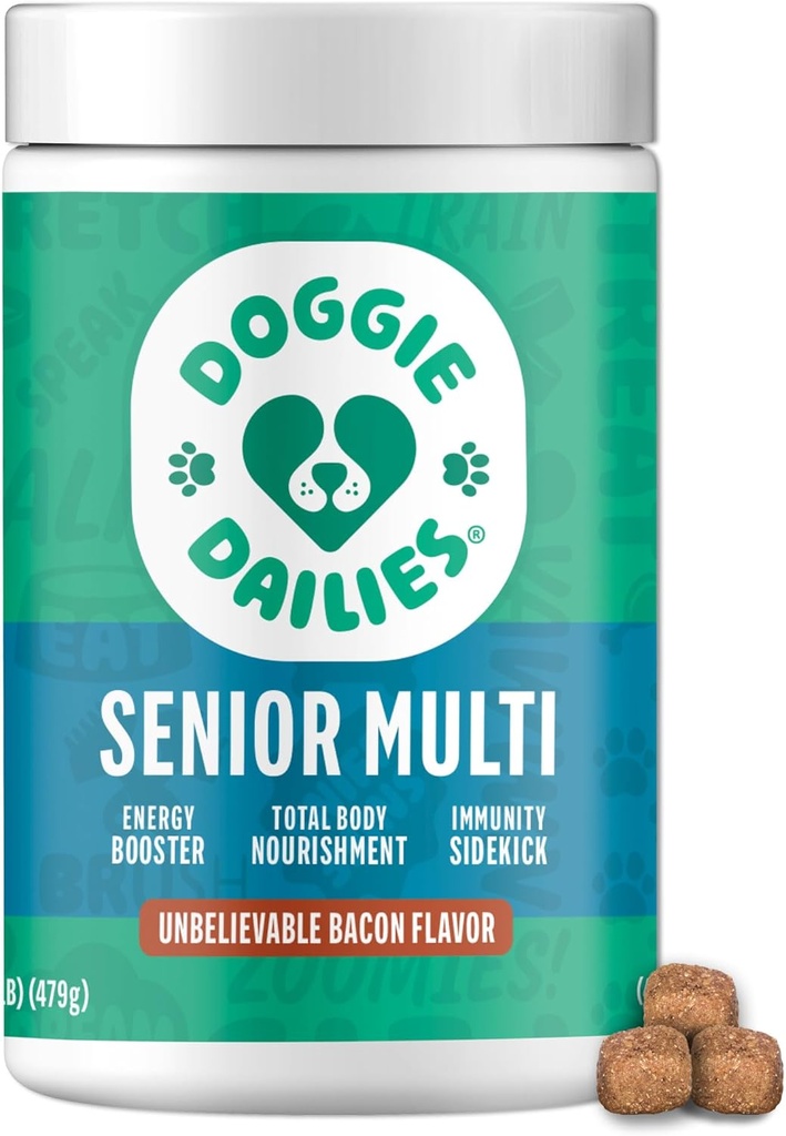 Doggie Dailies Senior Essentials Multivitamin for Dogs Soft Chews ← Advanced Dog Multivitamin ← Apoyo nutricional para las articulaciones, la piel " Coat, la digestión y el sistema inmunitario.