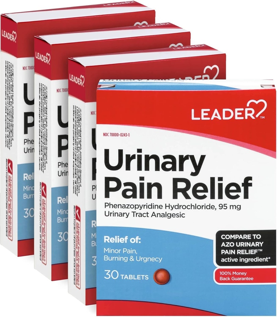 LEADER Urinary Pain Relief Maximum Strength, Fast Relief of UTI Pain, Burning &amp; Urgency, Urinary Tract Infection Relief, Phenazopyridine Hydrochloride 95 mg, 30 Tablets, 4-Pack