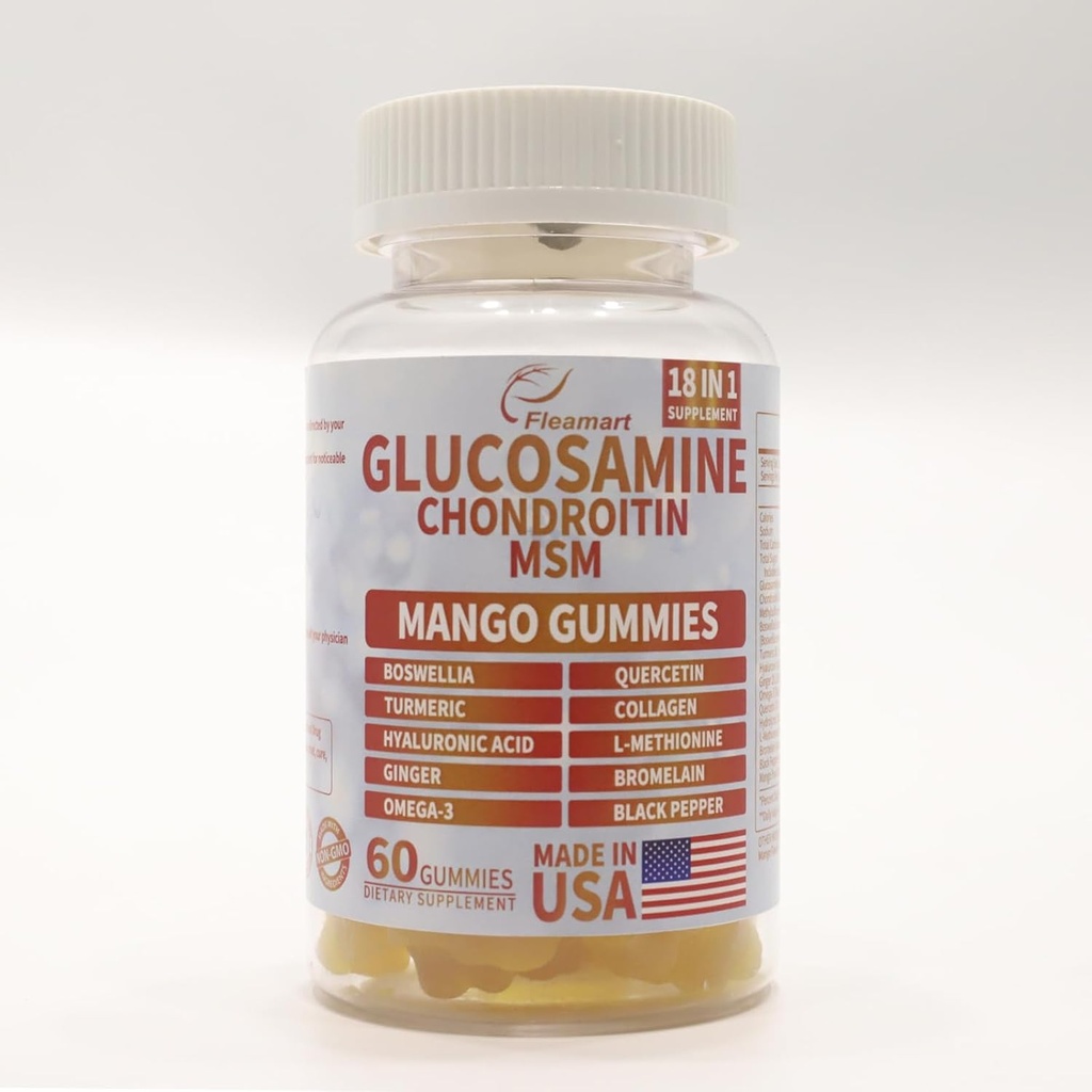 Glucosamine Chondroitin Gummies con MSM 60 TC Azúcar Glucosamina libre Condroitina Gummies triple fuerza para la salud conjunta &amp; soporte inmunológico para adultos, hombres y mujeres - Mango Flavor
