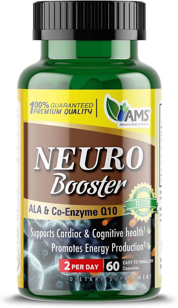 America Medic &amp; Science Neuro Booster (60 Capsules) ← Suplemento Nutricional para la Salud del Cerebro TENIDO Píldoras de vitamina para una mejor memoria y función cognitiva ← con Coenzyme Q10, ALA y Acetyl L-Carnitine