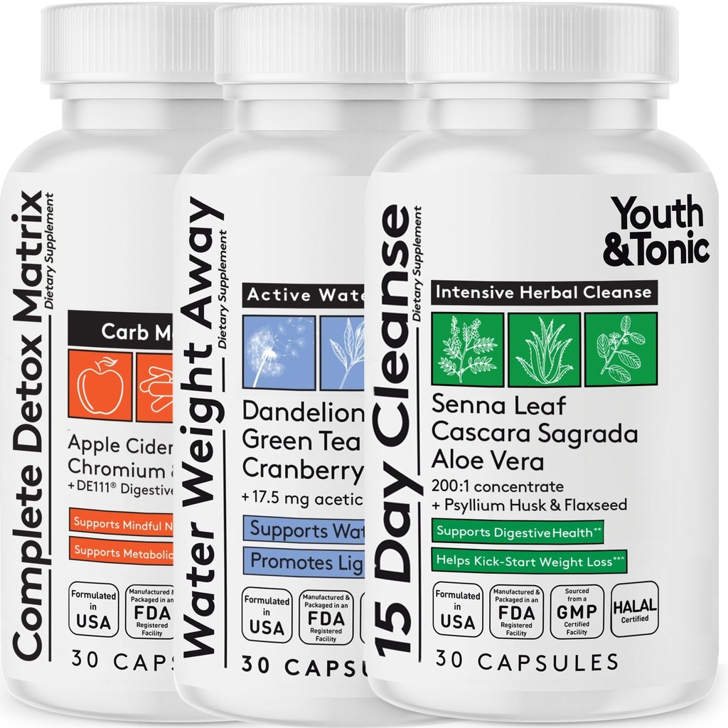 3pk Detox Cleanse Kick Off Weight Management ¦ Colon Cleanser + Water Loss Pills w Dandelion + ACV Full Body Detox + Probiotics ← para Flat Stomach, Waistline, Metabolism, Bloating – 90 Pills