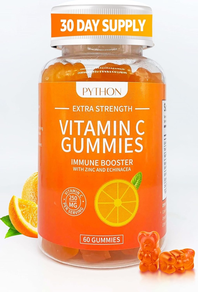 Python Vitamina C + Echinacea Suplemento para la Inmunidad y la Salud de los pulmones, apoya la producción de colágeno, hidratación de la piel, inmunidad y salud, 60 Chews de Gummy Vegan para adultos &amp; niños - 1 mes de suministro