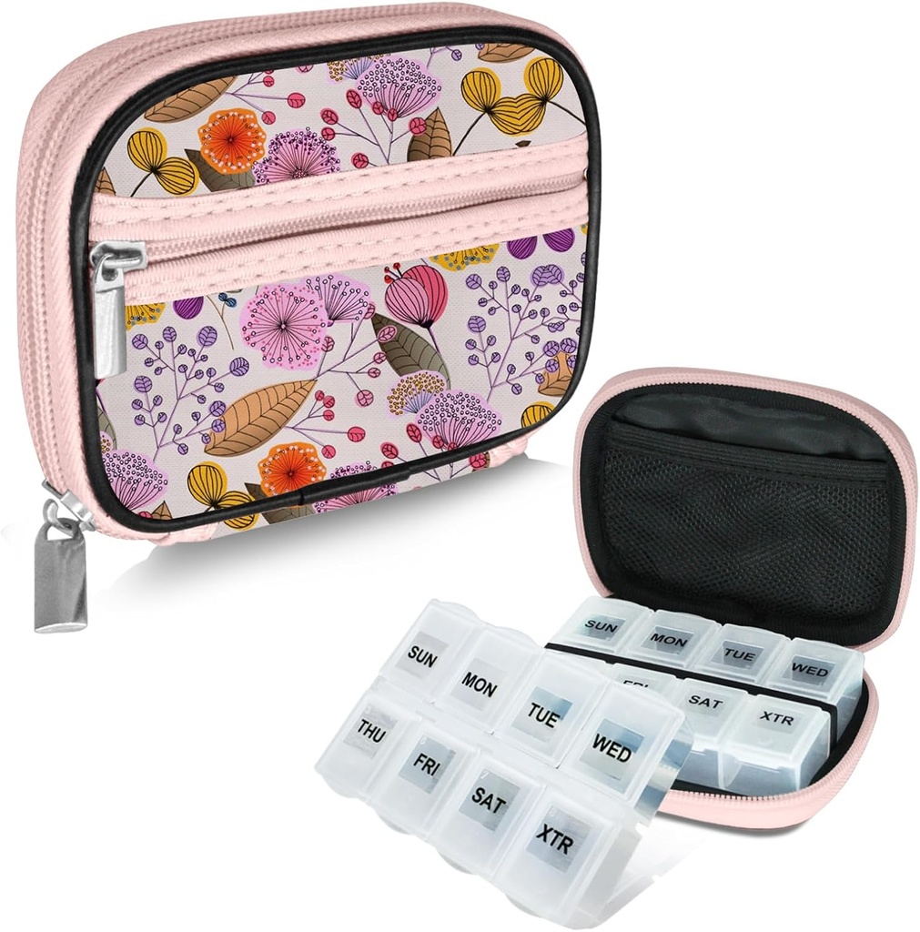 Serfeymi Caja de píldoras de viaje semanal para fines con caja extraíble de 7 días, caja de píldoras de viaje de moda Organizador de píldoras para la medicina, vitamina, suplemento - Bloom 03 + caja de píldoras