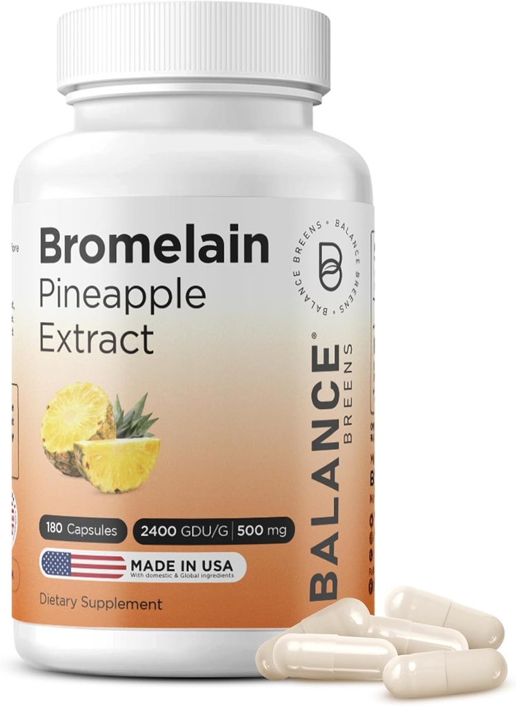 Balancebreens Bromelain 500mg Cápsulas – 2400 GDU Pineapple Extract Supplement for Joint Support, Natural Swelling Support, and Healthy Digestion – 180 Cápsulas Made in USA