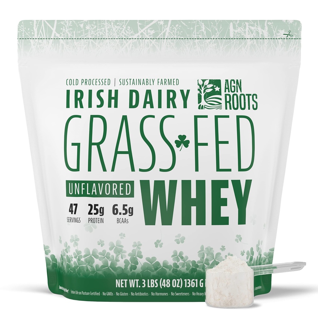 AGN Roots Grass Fed Whey Protein Powder Isolate - Unflavored - Unsweetened - Certified Entire Life On Pasture - A Greener World - ASPCA Lista de marcas registradas - Reportd-Sport - 3lbs