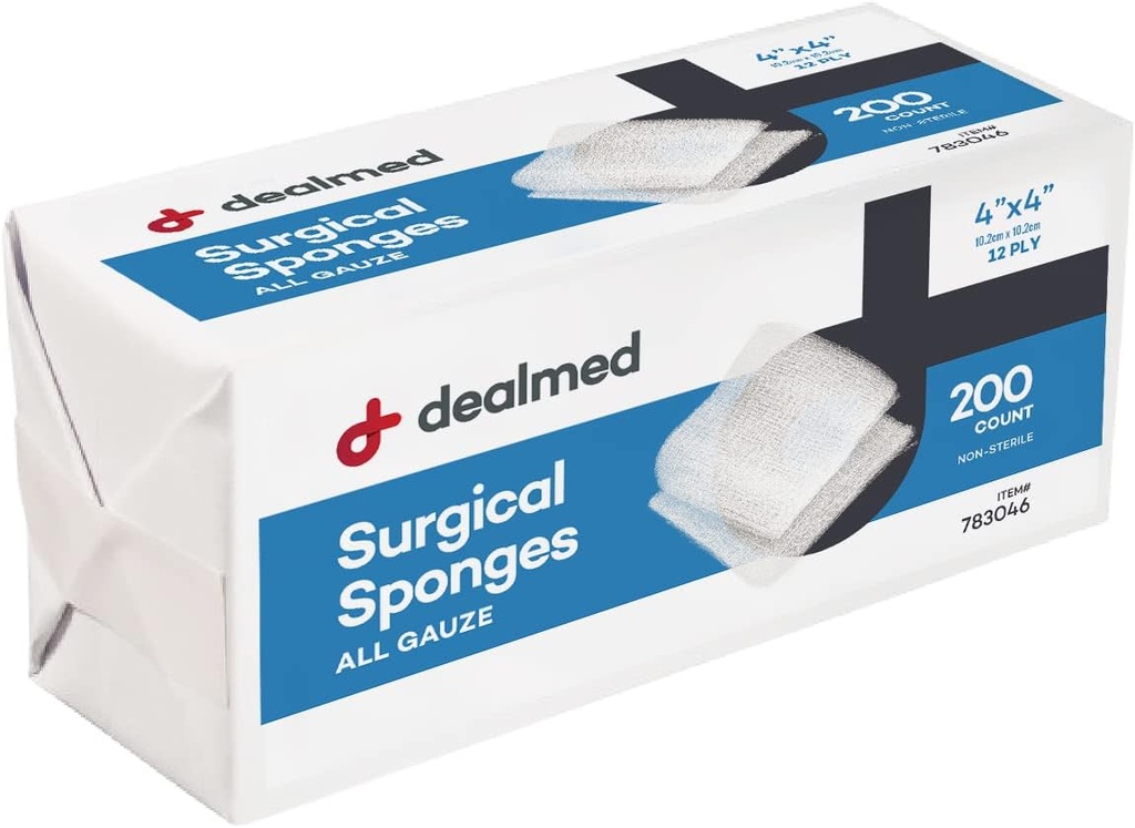 Esponjas quirúrgicas de 4" x 4", 12-Ply, absorbent Woven Gauze Pads, No-Sterile Wound Care for First Aid Kit and Medical Facilities, 200 Cuenta (Pack of 1)