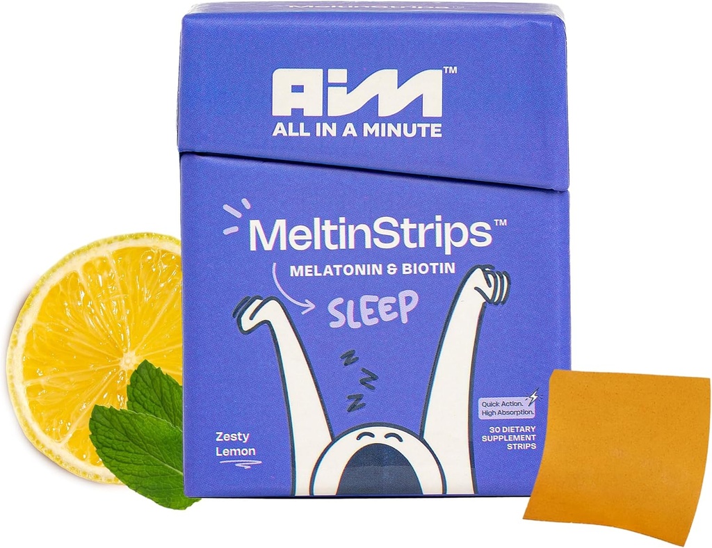 MeltinStripsTM Fast-Acting Sleep Strips with 5mg Melatonin, Biotin, Valerian Root, Lemon Balm " Chamomile " Natural Sleep Aid ← Reduce la caída del cabello en Vegan, Sugar Free ← Zesty Lemon Flavor 30 Strips