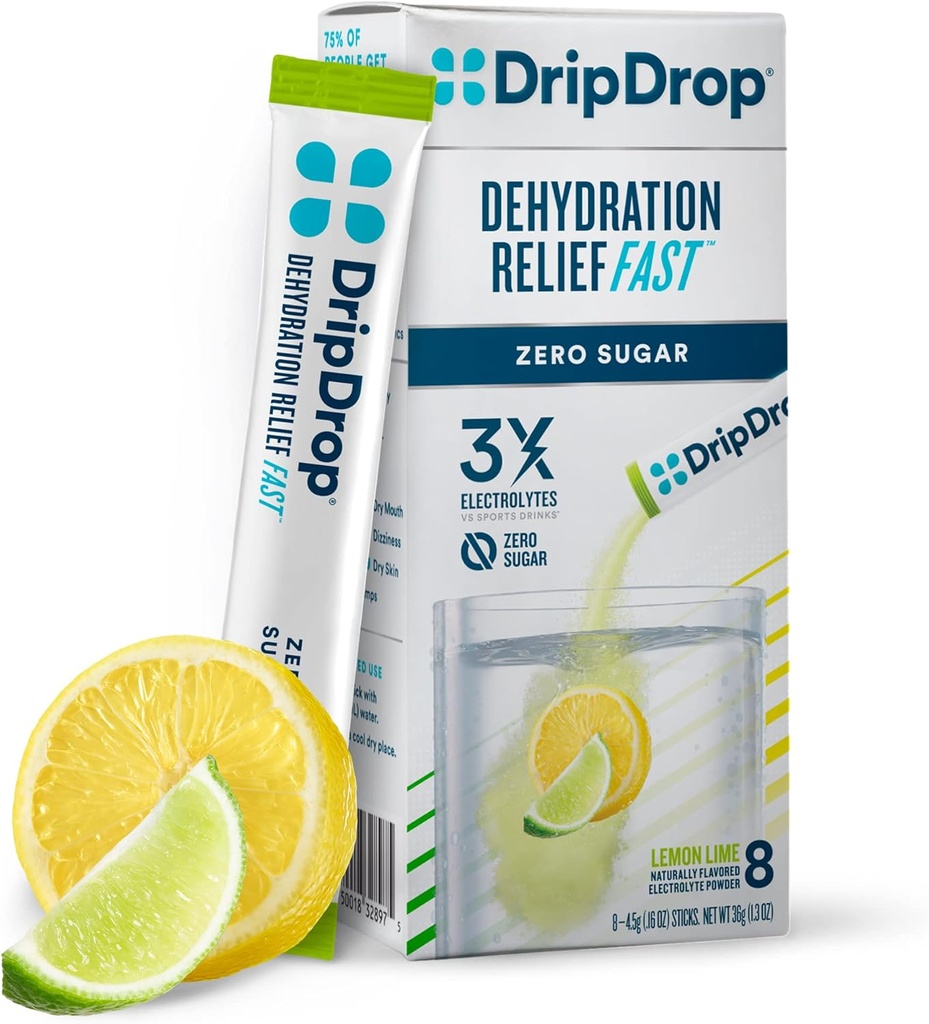 dripdrop Hydration - Zero Sugar Electrolyte Powder Packets Keto - Lemon Lime - 8 Count