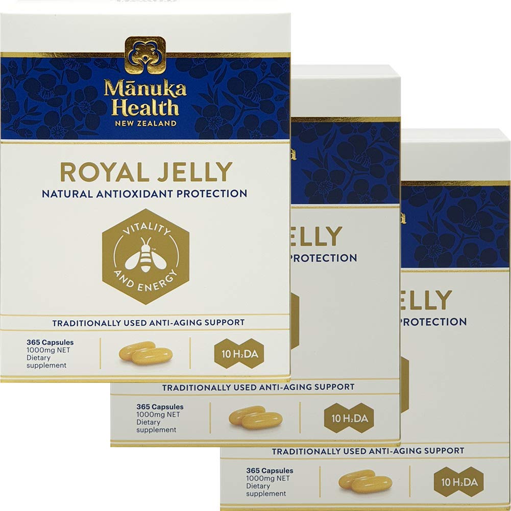 Manuka Health 10hda Royal Jelly 1000mg 365 Capsules 100% Pure New Zealand Royal Jelly Immune System Booster &amp; Supports Skin Health & Vitality (Pack of 3)