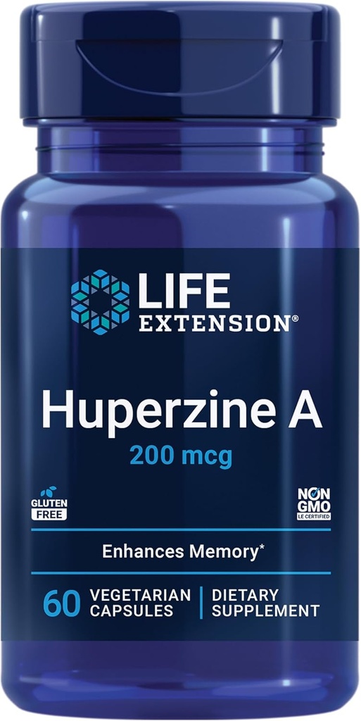 Extensión de vida Huperzine A, Memory Health, Cognitive Health, Chinese Club Moss Extract, Gluten-Free, Non-GMO, Vegetarian, 60 cápsulas