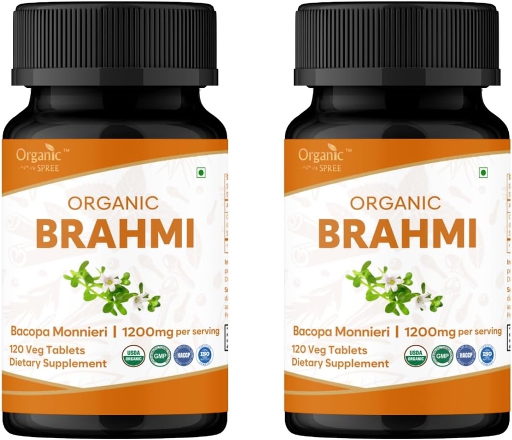 Brahmi 120 Tablets – USDA Organic Bacopa Monnieri Supplement – Supports Focus, Calm &amp; Memory – Herbal Nootropic* - Pack of 2