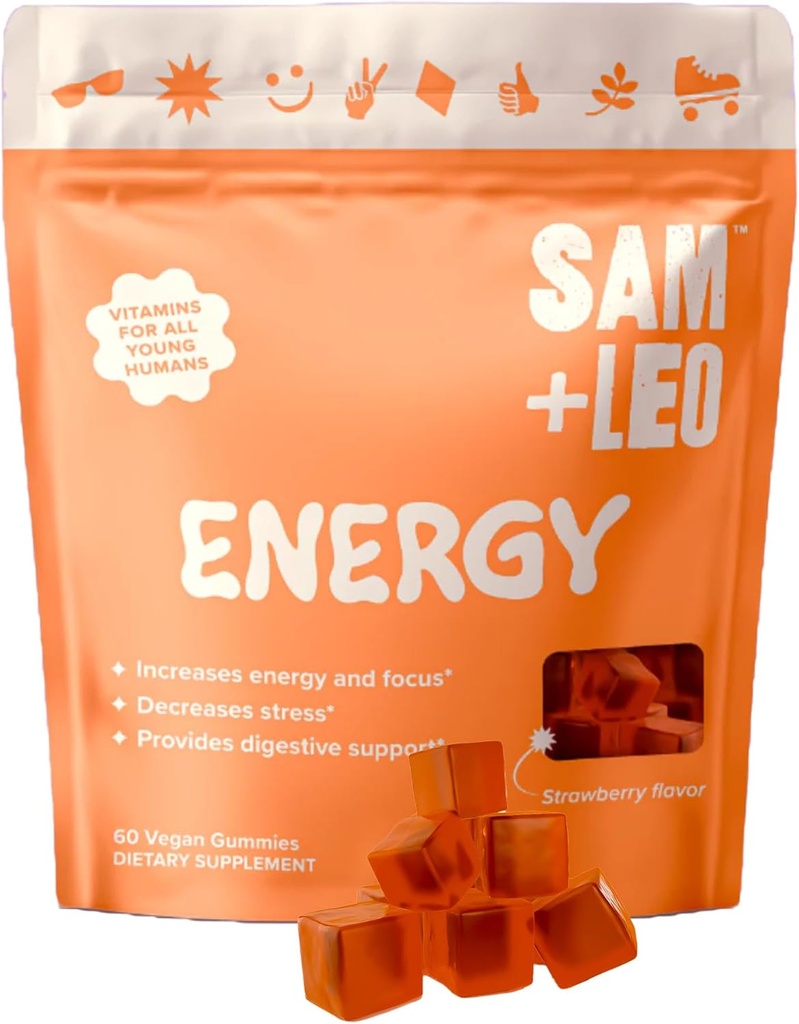 SAM+LEO Energy Gummies for Kids- with Biotin, Vitamin C, B3, B6, and B12 - All Natural &amp; Vegan Gummy for Energy & Focus Supplement for Kids - Stress &amp; Digestive Support, Strawberry Gummies - 60/ct
