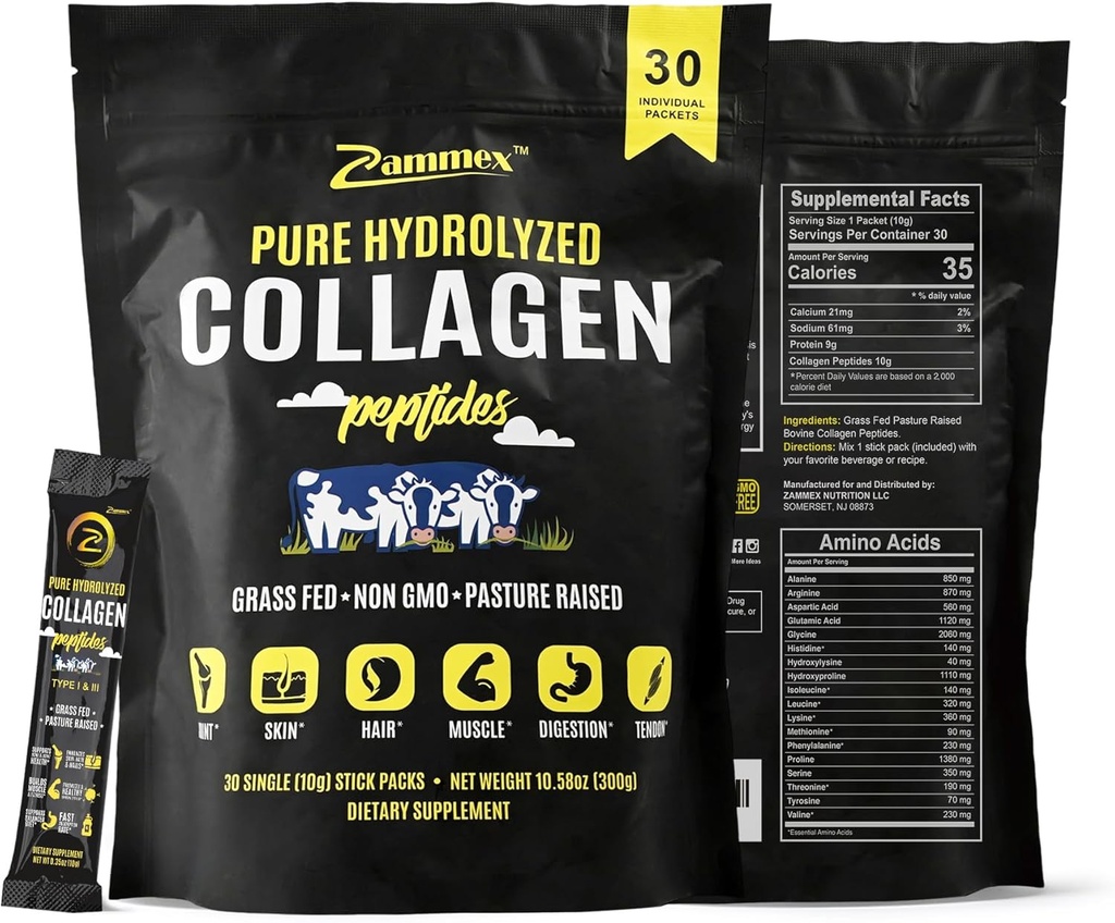 Zammex Premium Collagen Peptides Powder, 30 Sticks Travel Packets(Type I, III), Unflavored Collagen Protein Powder to Go, Hydrolyzed Collagen Peptide for Skin Hair Nail Joint, 10g per Serving