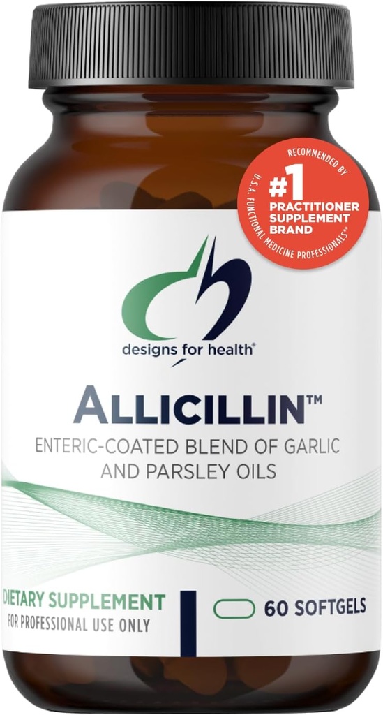 Designs for Health Allicillin - Suplemento de Allicin con 200mg Aceite de ajo + Parsley Oil - Píldoras de ajo con potentes sulfuros - Enteric Coated to Help Reduce Odor, Non-GMO (60 Softgels)
