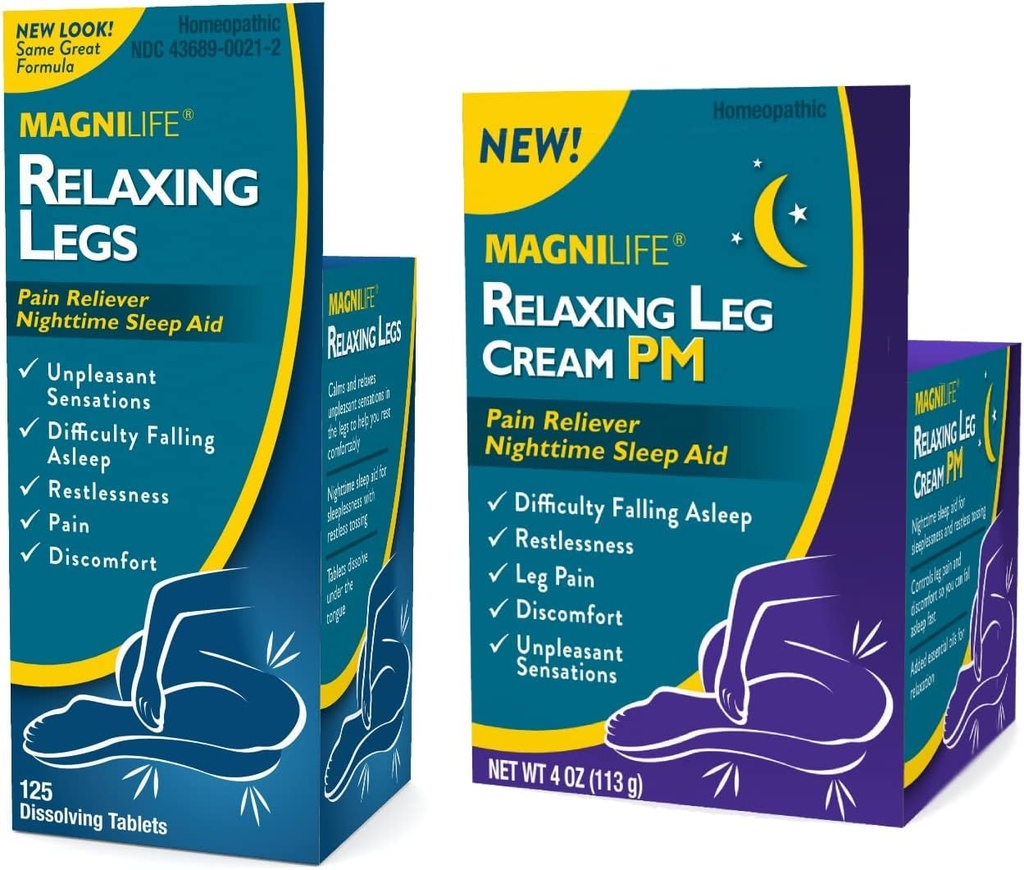 MagniLife Legs relajantes 125 Contar Tablas rápidas de consolar Leg Cream PM 4oz Jar piernas inquieto