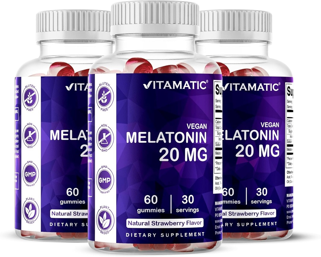 Vitamatic Melatonin 20 mg Gummies for Adults, 30 Servings - 60 Vegetarian Gummies - Non-Habit Forming Supplement