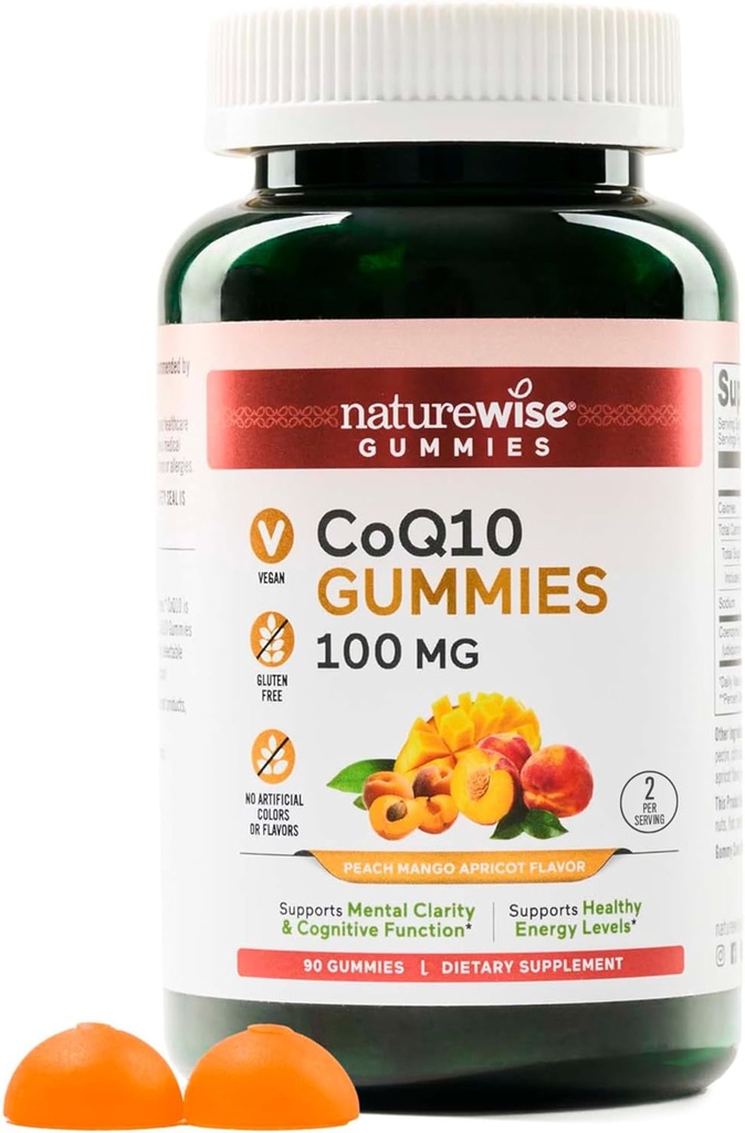 NatureWise CoQ10 Gummies 100mg - Peach Mango Flavor - Suplemento para la Salud del Corazón & Actividad Antioxidante - Pectin-Based, Vegan, Soy y Gluten Libre, No GMO - 90 Conde[45-Day Supply]