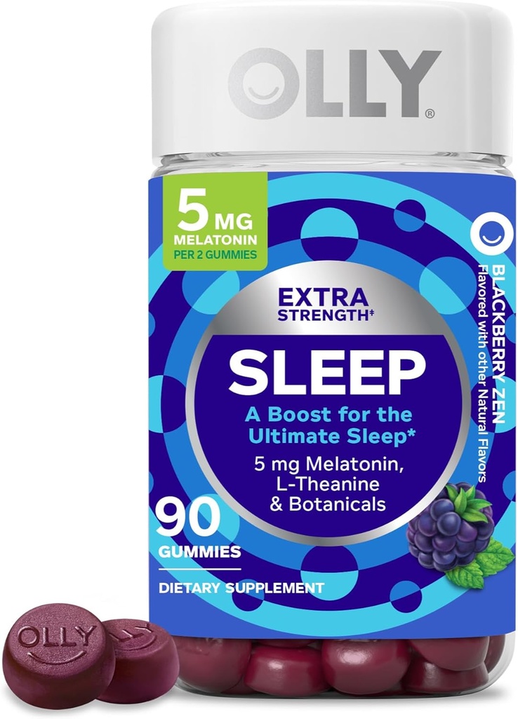 OLLY Extra Strength Sleep Gummy 5 mg Melatonin, L-Theanine, Chamomile, Lemon Balm Extracts, Sleep Aid, BlackBerry Flavor - 90 Count