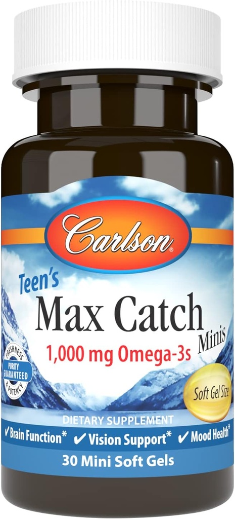 Carlson - Max Catch Minis de Adolescentes, 1000 mg Omega-3, Salud Cerebro, Apoyo Visión, Salud Mood, 30 Softgels