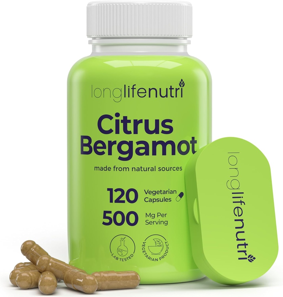 LongLifeNutri Citrus Bergamot Extracto 500mg - 120 Capsules Vegetarianos, 40% Flavanones polifenólicos, Suministro de 4 meses, Anti-Oxidante de base vegetal, probado, hecho en EE.UU.