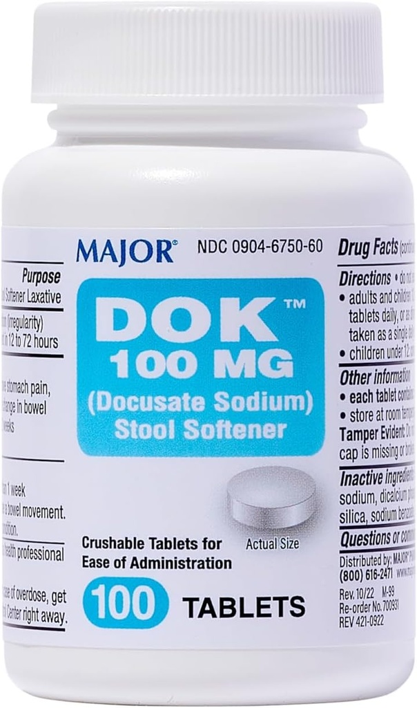 MAJOR Docusate Sodium 100 mg - Stool Softener Tablets for Constipation Relief - Helps Stop Constipation - Stool Softeners for Women, Men, and Kids Ages 12+ - 100 Tablets (1 Pack)