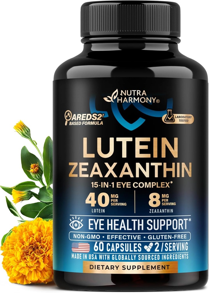 Eye Vitamins - Lutein and Zeaxanthin Supplements - AREDS2 Based Supplement for Seniors & Adults - Eye Health & Vision Support - Saffron, Zinc, Vitamins, Copper, Super Greens - Made in USA, 60 Capsules
