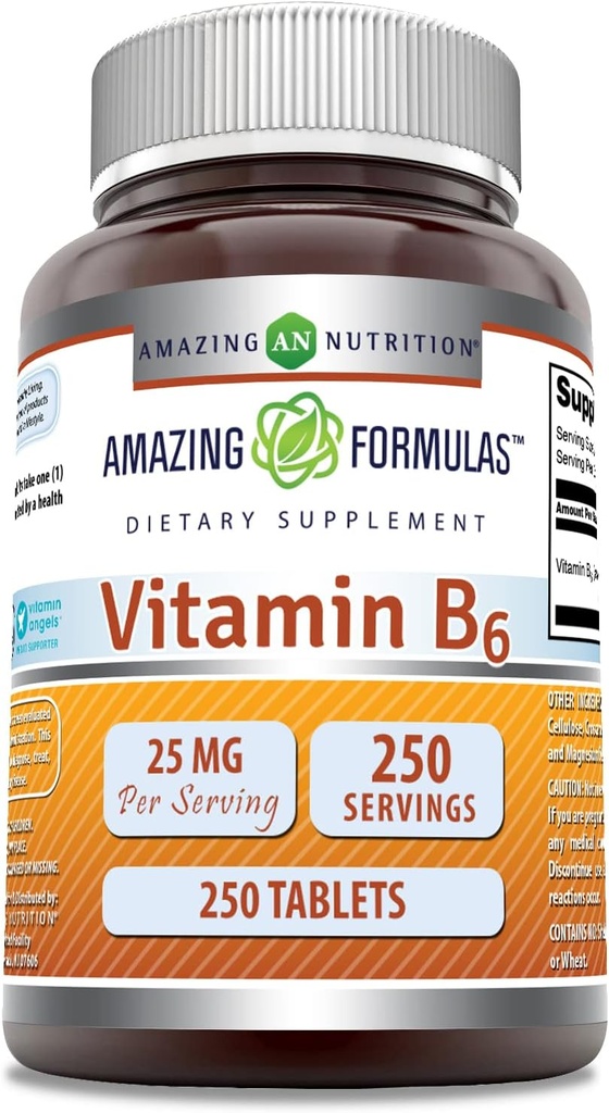 Fórmulas asombrosas Vitamina B6 Piridoxina 25mg 250 Tablets Suplemento No TENIDO Gluten Gratis TENIDO EN USA