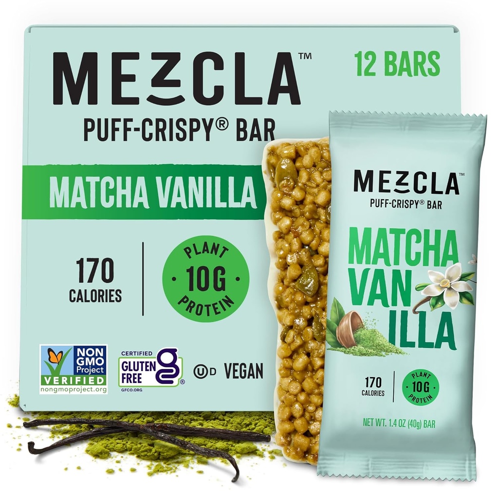 Mezcla Puff Crispy Protein Bares, Gluten Gratis &amp; Vegan Protein Bares, 10g Protein, Alt for Crispy Rice Treat, Granola Bares &amp; Breakfast Bares, Snacks saludables para adultos, Matcha Vanilla, 12 Pack
