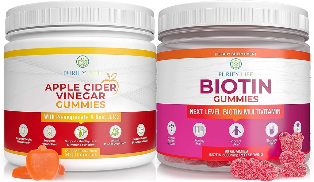 Purify Life Apple Cider Vinegar &amp; Biotin Bundle, Gummies for Hair Skin and Nails (Bulk - 90 Chews), Gut Health & Digestion, Immune Support, Detox, Metabolism- No Capsules, Pills, Tablets o Syrup