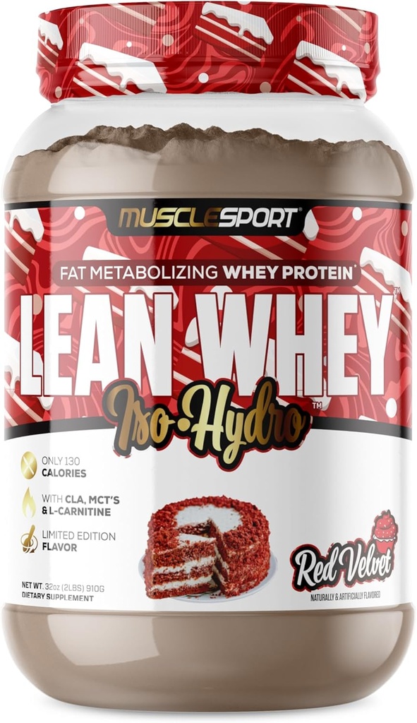 Musclesport Lean Whey RevolutionTM Protein Powder - Whey Protein Isolate - Bajo Calorie, Bajo Carb, Bajo Gordo, Sabores Increíbles - 25g Proteína por Scoop - 2lb Red Velvet