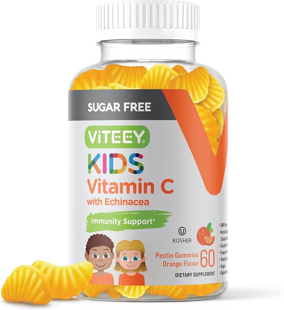 Viteey Kids Vitamin C Gummies 75mg, con Echinacea - Sugar Gratis - Immune Support for Toddlers, " Adolescentes - Vegan, Gelatin Gratis, Gluten Gratis, GMO Gratis - Tasty Orange Flavored Kids Immunity Gummy