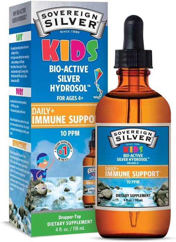 Sovereign Silver Kids Immune Support - Colloidal Silver, Bio-Active Silver Hydrosol, 10 ppm, Liquid Dropper, 4 Fl Oz, (118 mL)