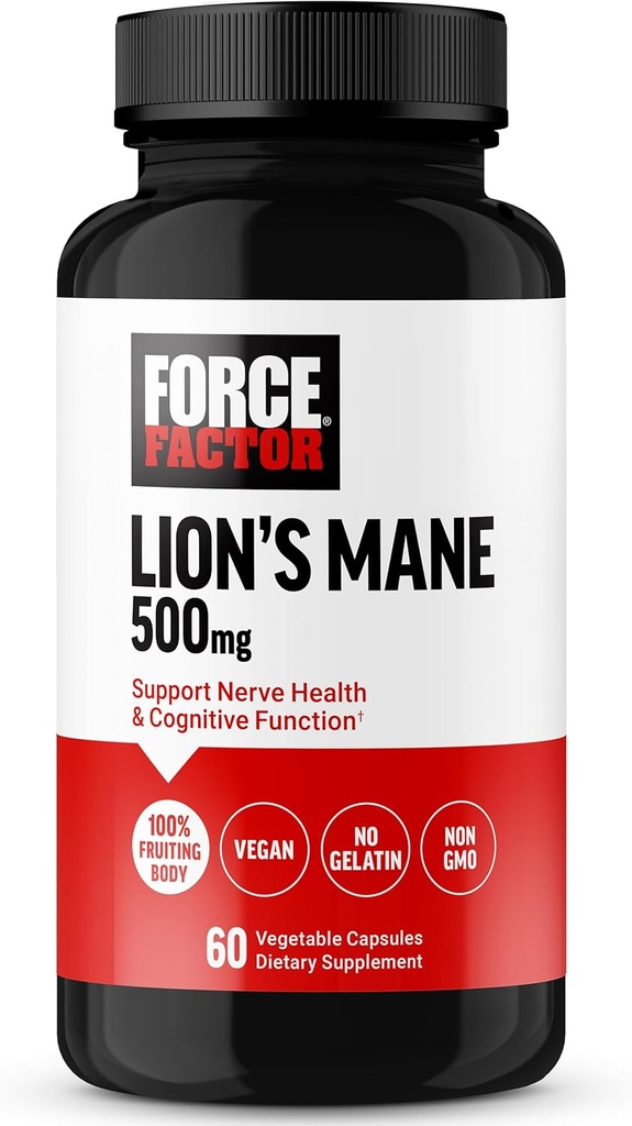 Force Factor Lion’s Mane Supplement Capsules, Memory & Focus Supplement, Supports Nerve Health & Cognitive Function, Made with 100% Fruiting Body, Vegan, No Gelatin, Non-GMO, 60 Vegetable Capsules