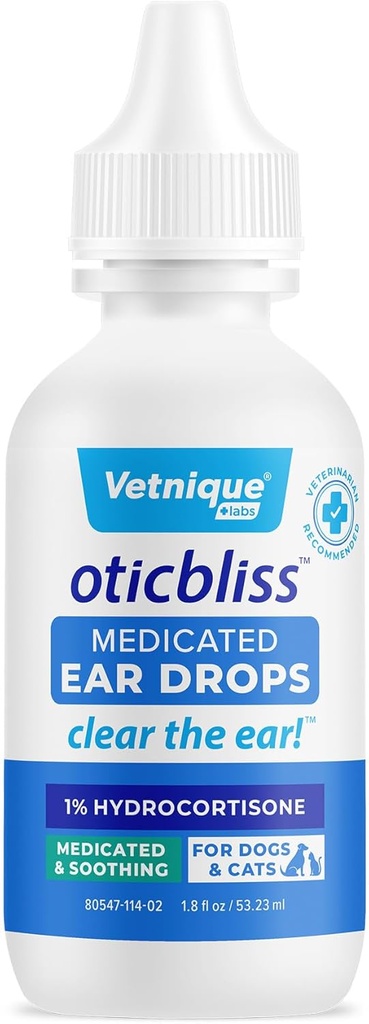 Vetnique Oticbliss Medicated Cat & Dog Ear Cleaner Drops - Dog Ear Infection Treatment with 1% Hydrocortisone to Soothe Itching, Redness, &amp; Swelling - Vet Recommended