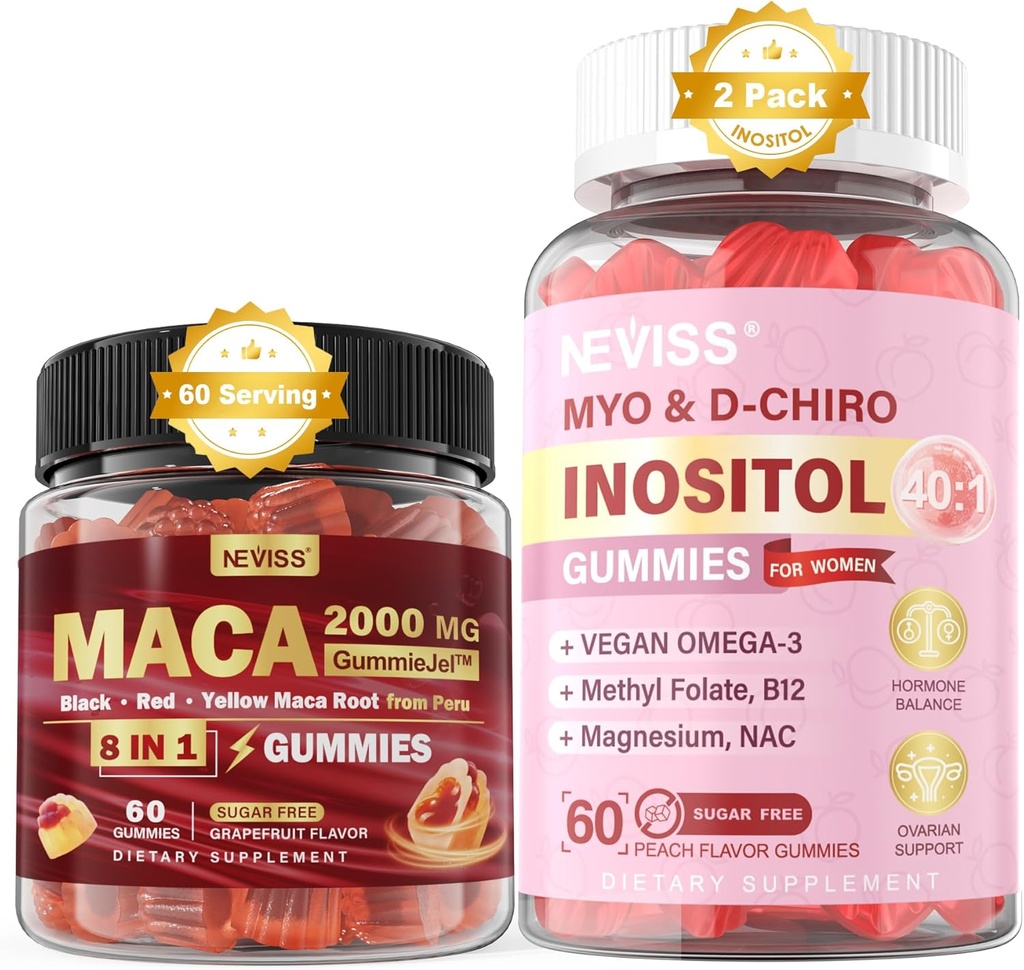 NEVISS Sugar Gratis 1Pack Maca Root Mangas llenas &amp; 2Pack Myo-Inositol &amp; D-Chiro Inositol Gummies