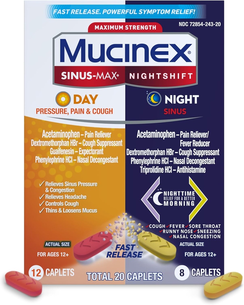Presión de Mucinex, Dolor &amp; Tos &amp; Nightshift® Sinus Caplets 20ct