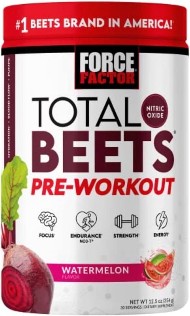 FACTOR DE FORCE FACTOR Total Beets Pre-Workout Powder to Boost Energy & Endurance, Incrementar la fuerza, y Mejorar el flujo sanguíneo y las bombas, Nitric Oxide Suplemento con Beet Root Powder, Watermelon, 30 Servimientos