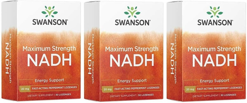 Swanson Maximum Strength NADH - Fast-Acting Peppermint Lozenges to Promote Brain Health and Energy Support - Vitamina B3 Coenzyme to Help Fight Fatigue - (30 Tablets, 20mg Cada) 3 Pack