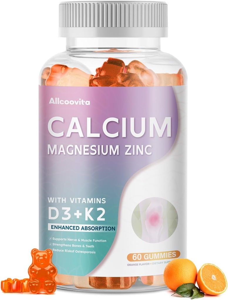 Calcio Magnesio Zinc Gummies con Vitamina D3 & K2 - Alta Potencia Ausorción mejorada -60 Naranja Gummies Flavored.