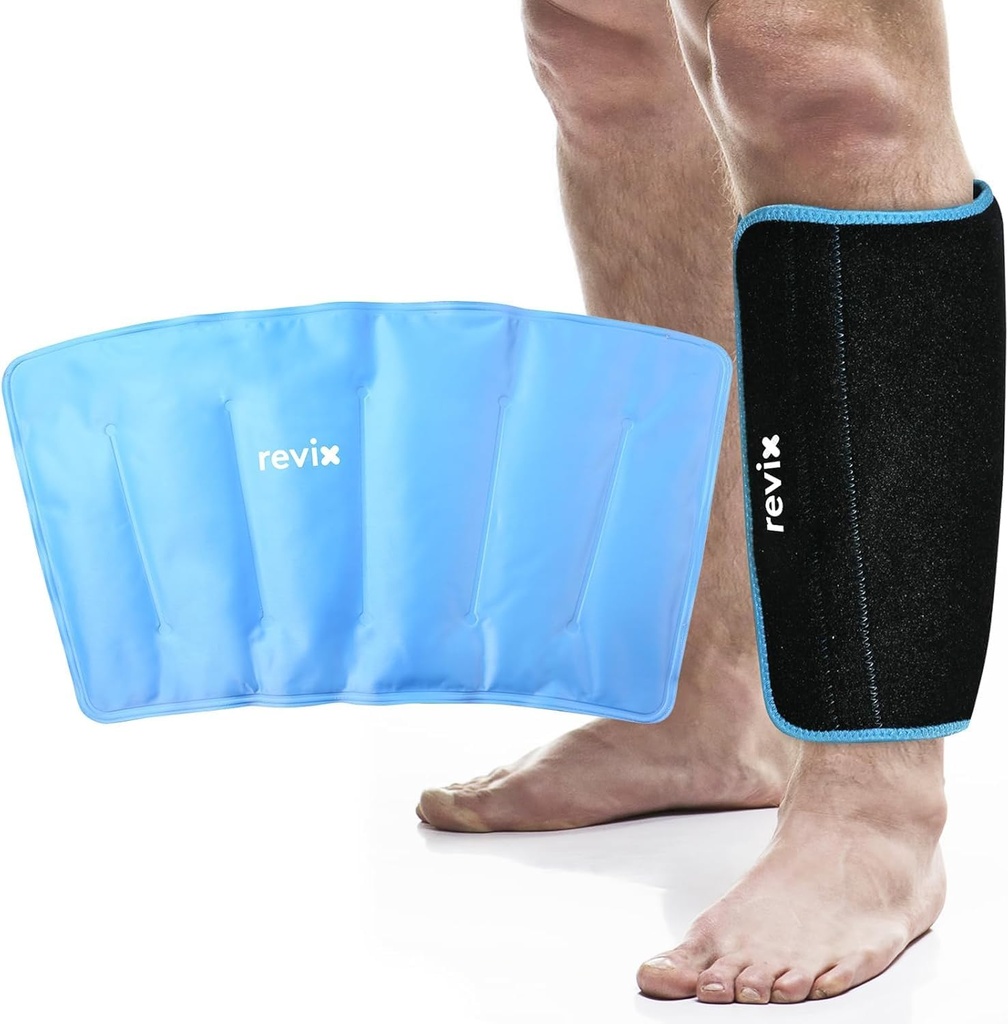 REVIX XL Shin Ice Pack Reutilizable Gel Cold Pack para Calf y Elbow Discomfort Relief, Leg Cold Therapy Compression Sleeve Refreezable, 360° Full Coverage