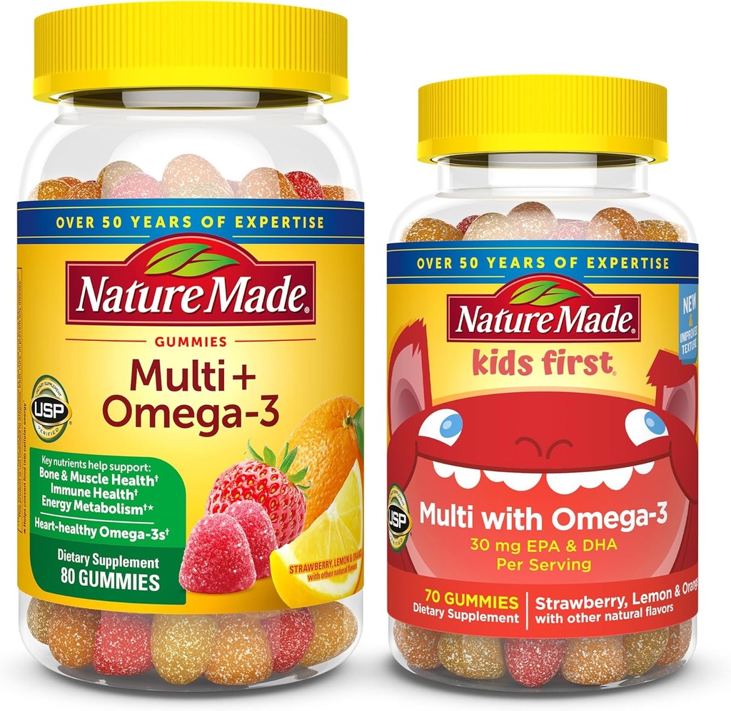 Mantillas multivitamínicas para adultos &amp; niños Combo Pack, Multi con vitamina C, vitamina D3, vitaminas B, zinc, omega 3 aceite de pescado &amp; Más, dos botellas multivitamínicas para toda la familia
