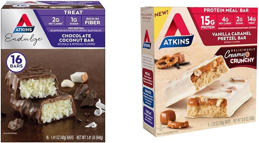 Atkins Chocolate Coconut Bar 16 Cuenta, Vanilla Caramel Pretzel Protein Meal Bar 5 Cuenta