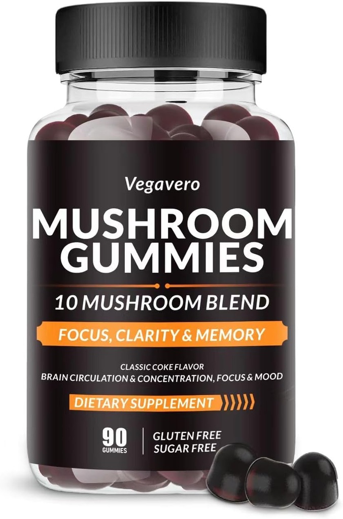 Vegavero Mushroom Gummies - 10x Mushroom Blend - Mushroom Complex - Mushroom Suplemento (90 Chews) Cola clásica